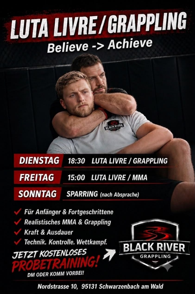 Black-River-Grappling-Flyer mit zwei Sportlern beim Matten-Training