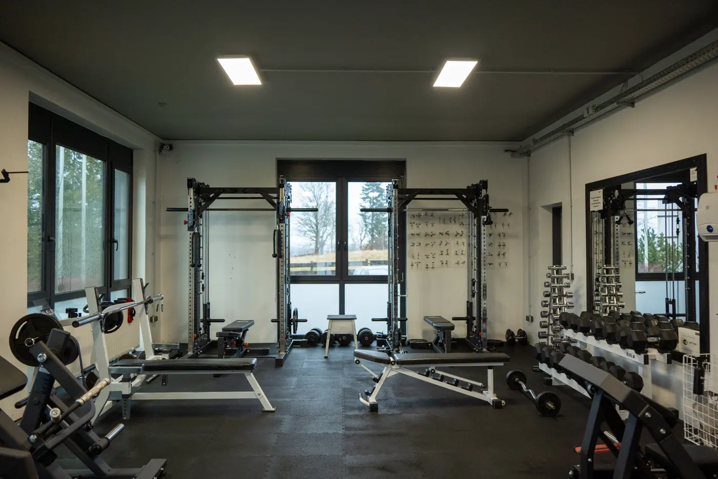 Freihantelbereich mit Kabelzügen und Hanteln im Revex beFIT